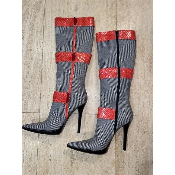 Casadei Knee High Stiletto boots Plaid Fabric with Red Textured Leather Trim 6.5 - Picture 6 of 11